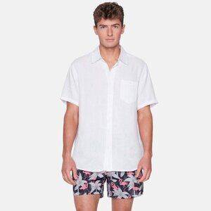Public Beach White Linen Blend Short Sleeve Shirt with Contrasting Inner Placket